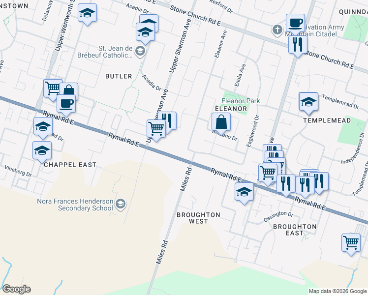 map of restaurants, bars, coffee shops, grocery stores, and more near 234 Eleanor Avenue in Hamilton