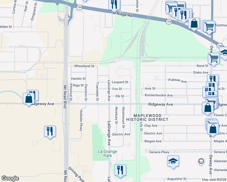 map of restaurants, bars, coffee shops, grocery stores, and more near 51 Fox Street in Rochester