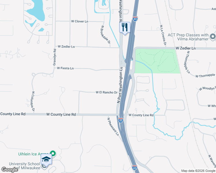 map of restaurants, bars, coffee shops, grocery stores, and more near 1434 West El Rancho Drive in Mequon