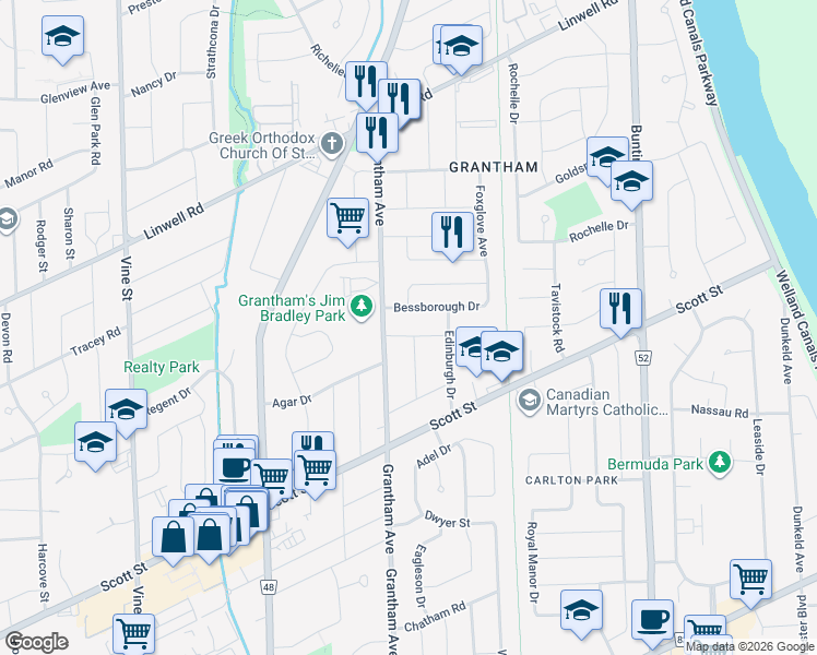 map of restaurants, bars, coffee shops, grocery stores, and more near 5 Regina Avenue in St. Catharines