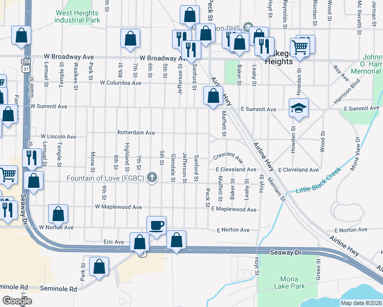 map of restaurants, bars, coffee shops, grocery stores, and more near 3133 Sanford Street in Muskegon Heights