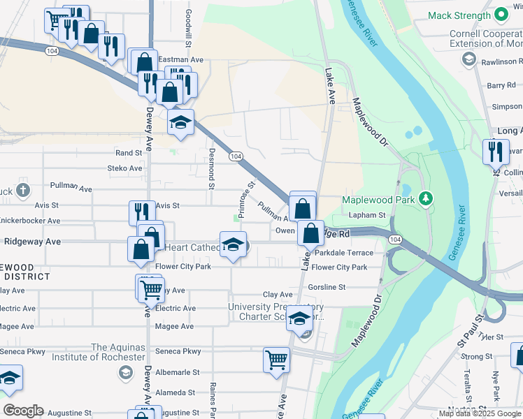 map of restaurants, bars, coffee shops, grocery stores, and more near 87 Pullman Avenue in Rochester