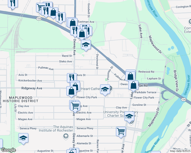 map of restaurants, bars, coffee shops, grocery stores, and more near 69 Avis Street in Rochester