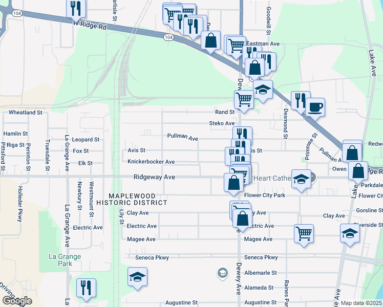 map of restaurants, bars, coffee shops, grocery stores, and more near 333 Avis Street in Rochester
