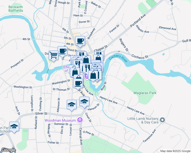 map of restaurants, bars, coffee shops, grocery stores, and more near 1 Main Street in Dover