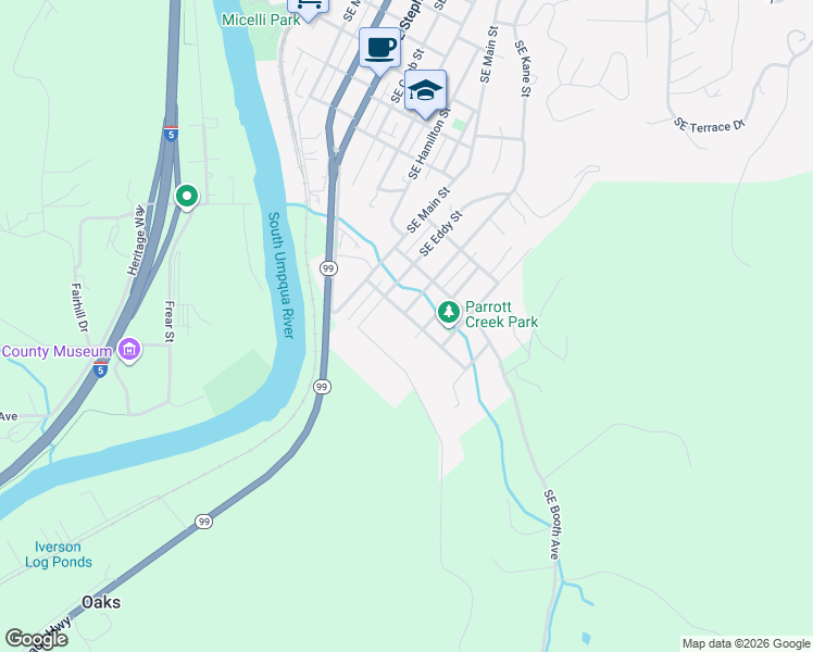 map of restaurants, bars, coffee shops, grocery stores, and more near 1864 Southeast Giles Street in Roseburg