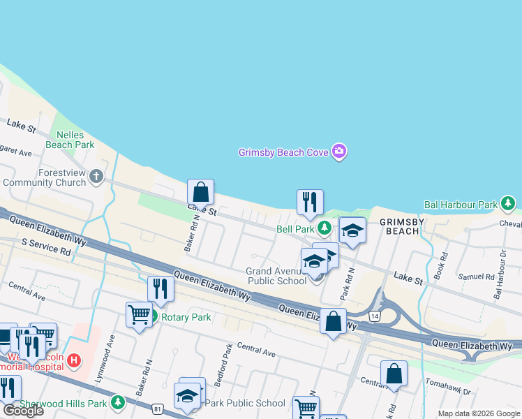 map of restaurants, bars, coffee shops, grocery stores, and more near 1 10th Street in Grimsby