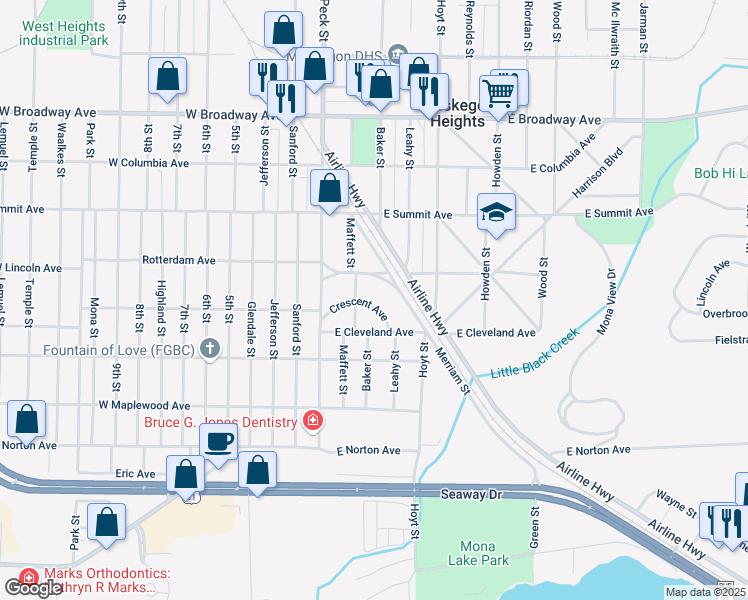 map of restaurants, bars, coffee shops, grocery stores, and more near 68 Crescent Avenue in Muskegon Heights