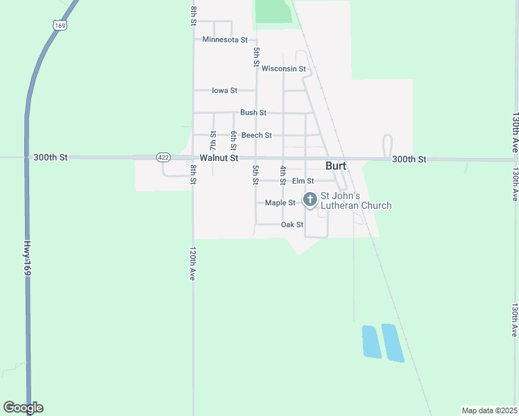 map of restaurants, bars, coffee shops, grocery stores, and more near 407 Maple Street in Burt