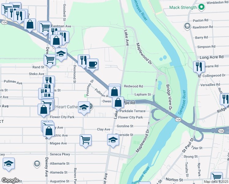 map of restaurants, bars, coffee shops, grocery stores, and more near 114 West Ridge Road in Rochester