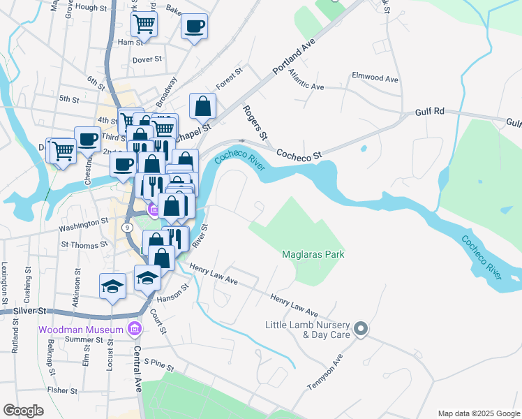 map of restaurants, bars, coffee shops, grocery stores, and more near 31 River Street in Dover