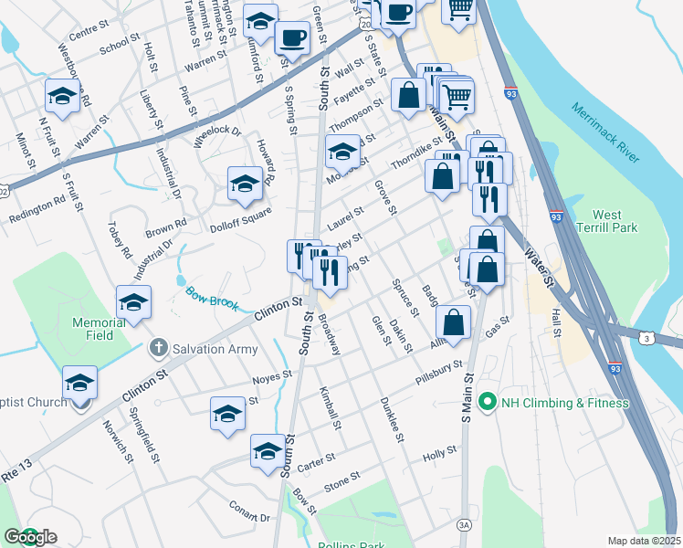 map of restaurants, bars, coffee shops, grocery stores, and more near 64 Downing Street in Concord
