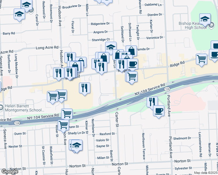 map of restaurants, bars, coffee shops, grocery stores, and more near 56 Brambury Drive in Rochester