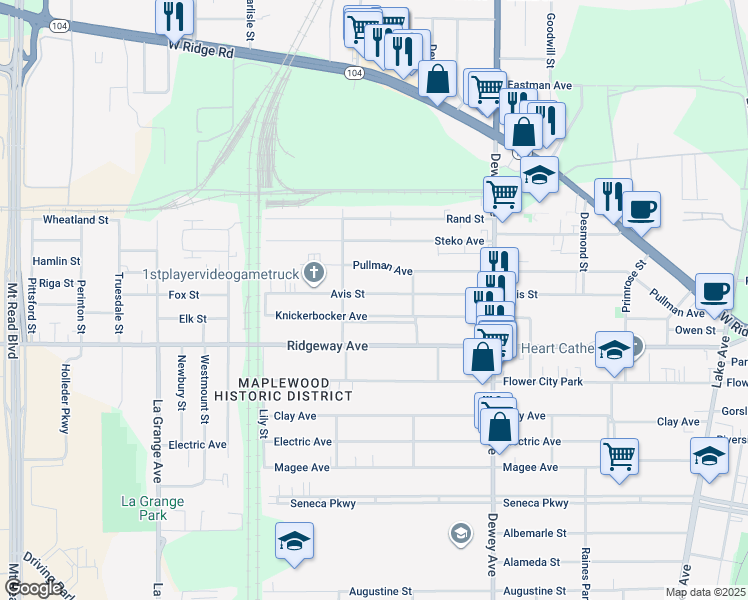 map of restaurants, bars, coffee shops, grocery stores, and more near 371 Avis Street in Rochester