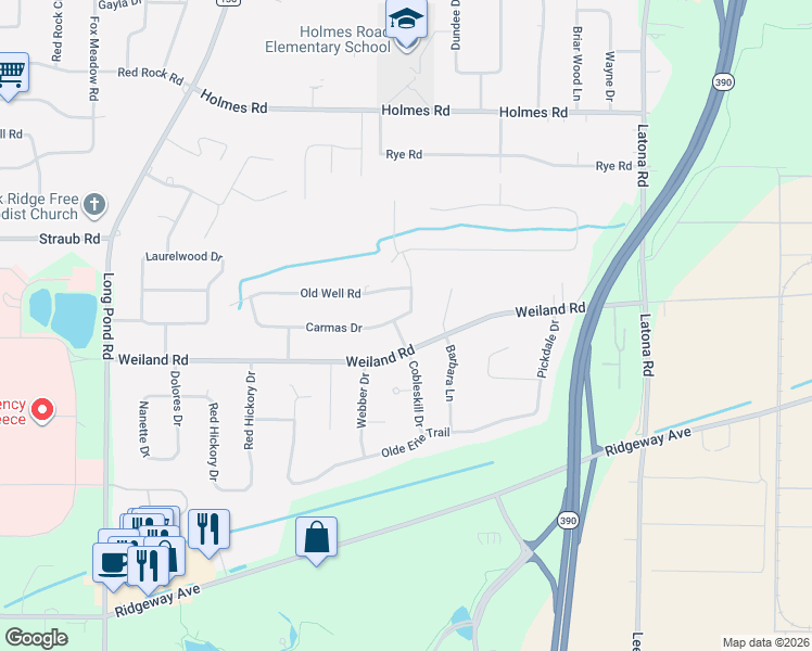 map of restaurants, bars, coffee shops, grocery stores, and more near 94 Carmas Drive in Rochester