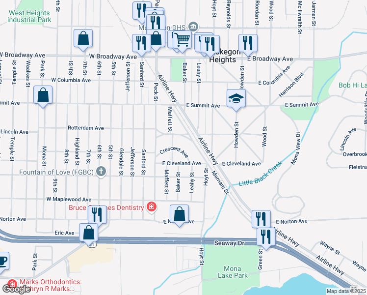 map of restaurants, bars, coffee shops, grocery stores, and more near 68 Crescent Avenue in Muskegon Heights