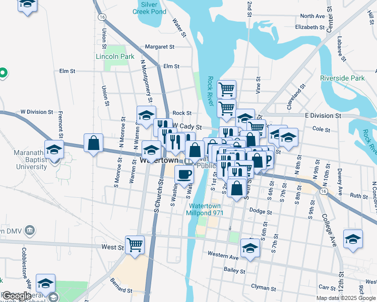 map of restaurants, bars, coffee shops, grocery stores, and more near 219 O'Connell Street in Watertown