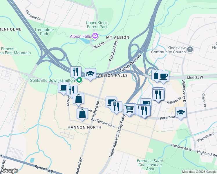 map of restaurants, bars, coffee shops, grocery stores, and more near 211 Pritchard Road in Hamilton