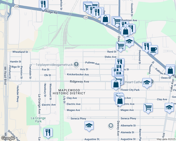map of restaurants, bars, coffee shops, grocery stores, and more near 371 Avis Street in Rochester