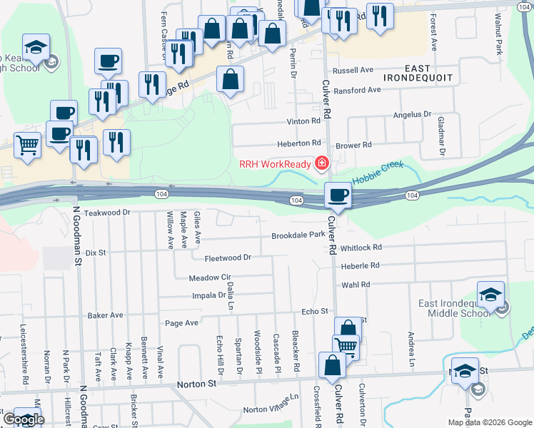 map of restaurants, bars, coffee shops, grocery stores, and more near 2621 Culver Road in Rochester
