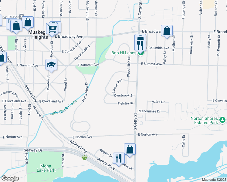 map of restaurants, bars, coffee shops, grocery stores, and more near Lincoln Avenue in Muskegon Heights