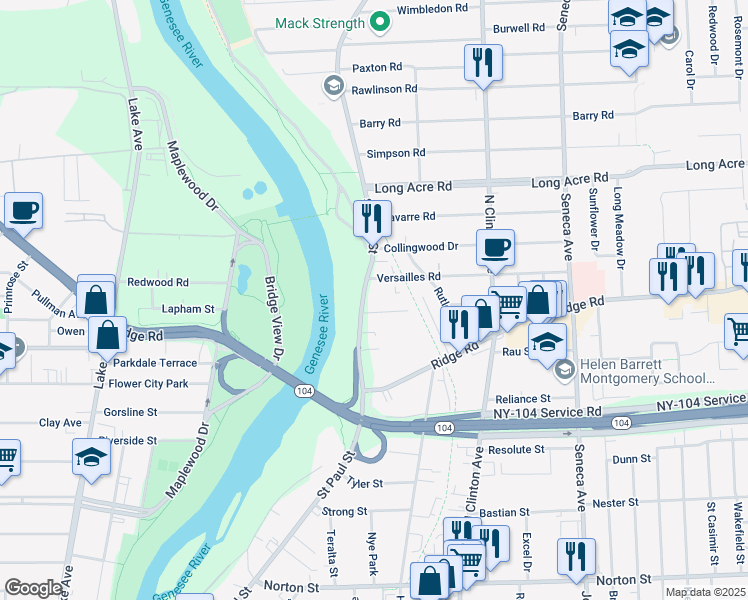 map of restaurants, bars, coffee shops, grocery stores, and more near 2126 Saint Paul Street in Rochester
