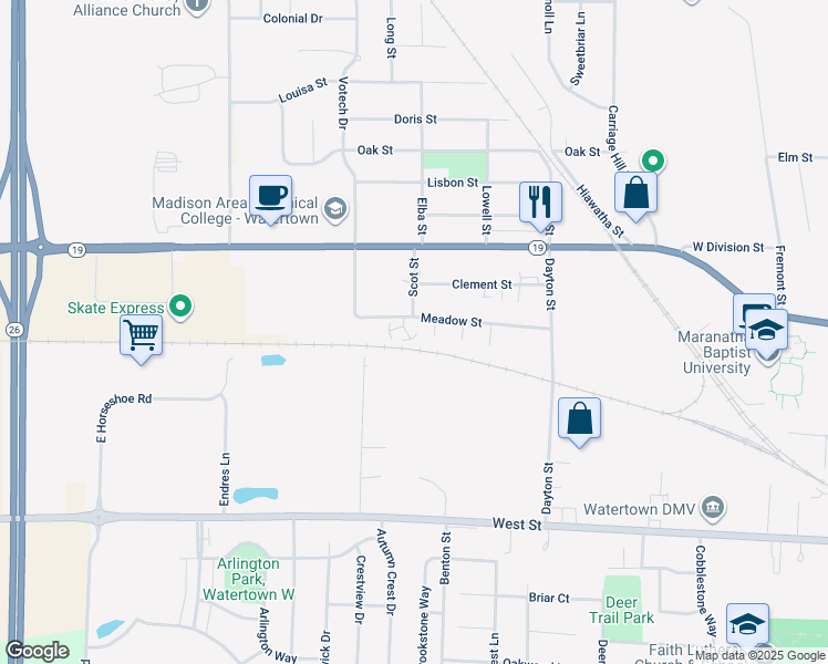 map of restaurants, bars, coffee shops, grocery stores, and more near 205 Redwood Lane in Watertown