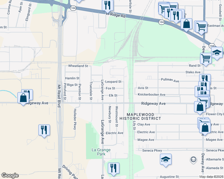 map of restaurants, bars, coffee shops, grocery stores, and more near 51 Fox Street in Rochester