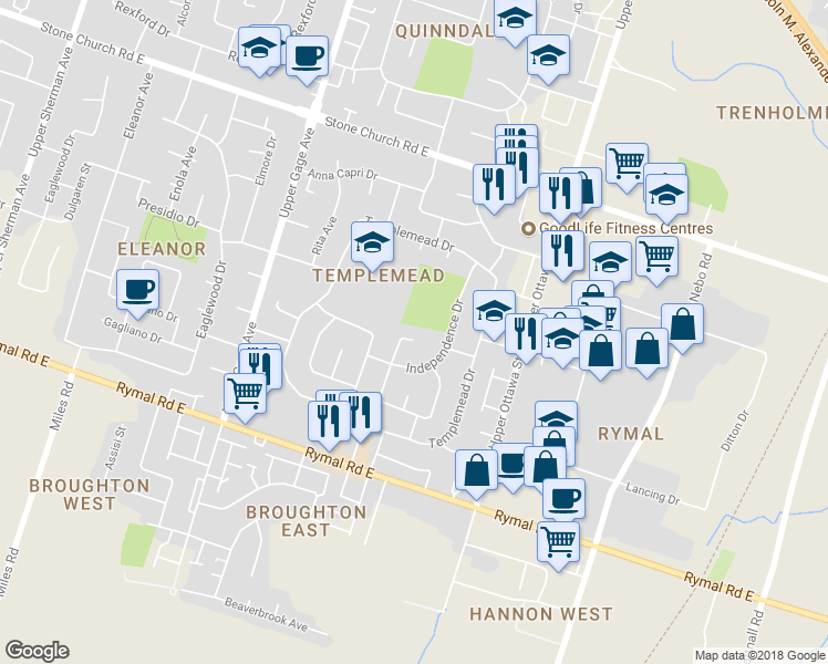 map of restaurants, bars, coffee shops, grocery stores, and more near 43 Rutledge Court in Hamilton