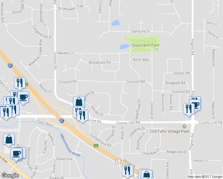 map of restaurants, bars, coffee shops, grocery stores, and more near N97W16550 Chippewa Drive in Germantown