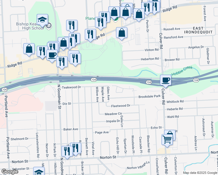 map of restaurants, bars, coffee shops, grocery stores, and more near 12 Lacroix Court Drive in Irondequoit