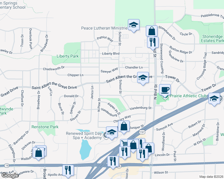 map of restaurants, bars, coffee shops, grocery stores, and more near 1183 Saint Albert the Great Court in Sun Prairie