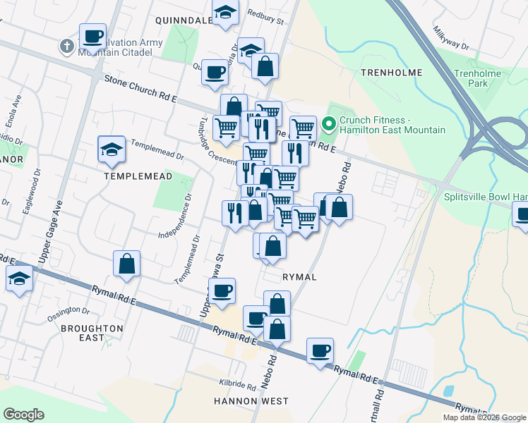 map of restaurants, bars, coffee shops, grocery stores, and more near 45 Hempstead Drive in Hamilton