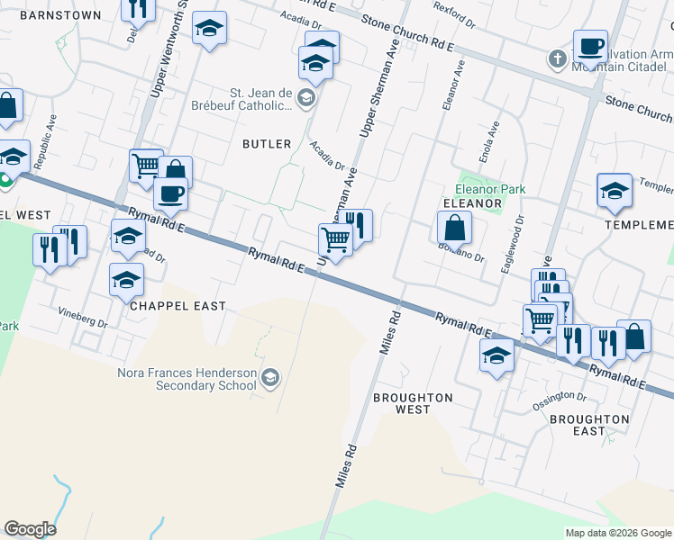map of restaurants, bars, coffee shops, grocery stores, and more near 675 Rymal Road East in Hamilton