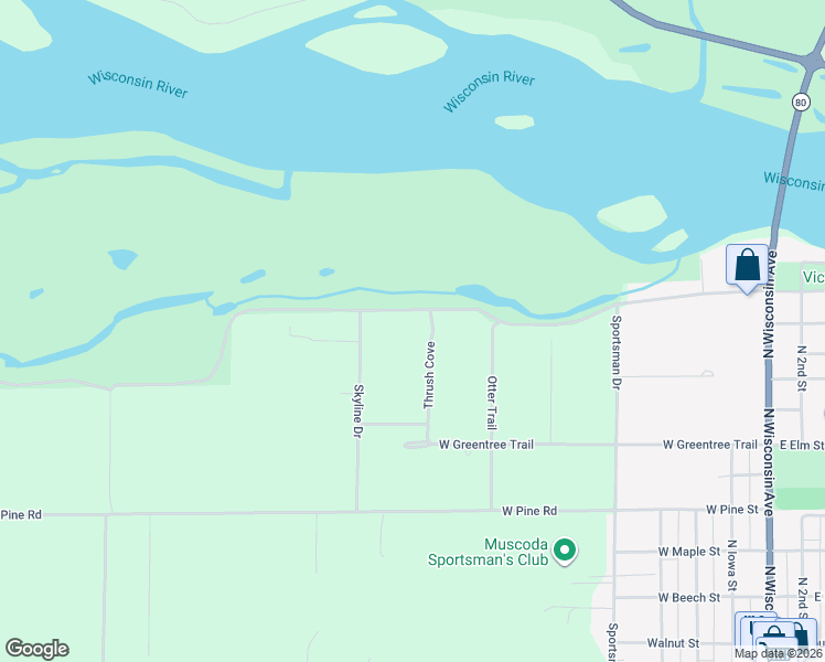map of restaurants, bars, coffee shops, grocery stores, and more near 19035 Thrush Cove in Muscoda