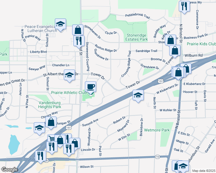 map of restaurants, bars, coffee shops, grocery stores, and more near 579 Tower Drive in Sun Prairie