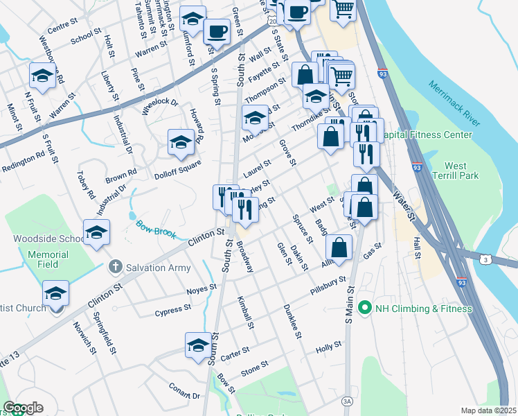 map of restaurants, bars, coffee shops, grocery stores, and more near 64 Downing Street in Concord