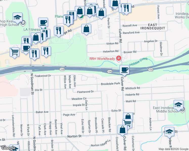 map of restaurants, bars, coffee shops, grocery stores, and more near 12 Lacroix Court Drive in Irondequoit