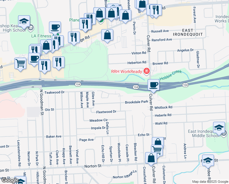 map of restaurants, bars, coffee shops, grocery stores, and more near 12 Lacroix Court Drive in Irondequoit