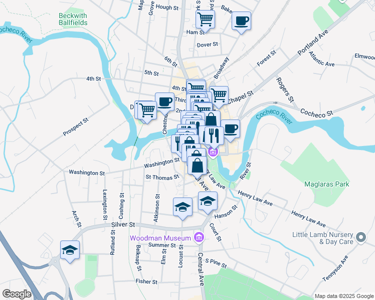map of restaurants, bars, coffee shops, grocery stores, and more near 1 Orchard Street in Dover