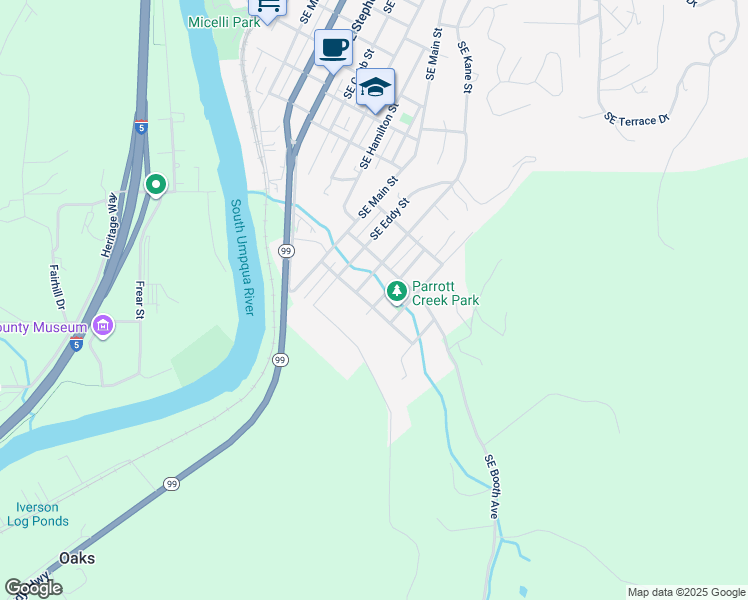 map of restaurants, bars, coffee shops, grocery stores, and more near 1864 Southeast Giles Street in Roseburg