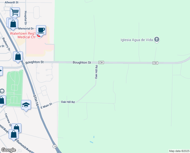 map of restaurants, bars, coffee shops, grocery stores, and more near N9669 Oak Hill Road in Watertown