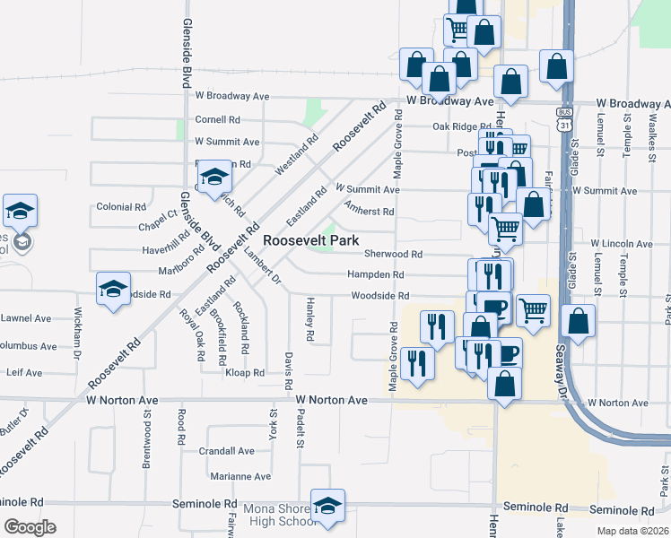 map of restaurants, bars, coffee shops, grocery stores, and more near 1114 Hampden Road in Muskegon