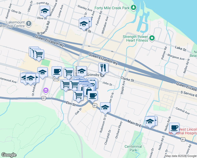 map of restaurants, bars, coffee shops, grocery stores, and more near 54 Ontario Street in Grimsby