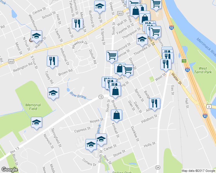 map of restaurants, bars, coffee shops, grocery stores, and more near 72 South Street in Concord