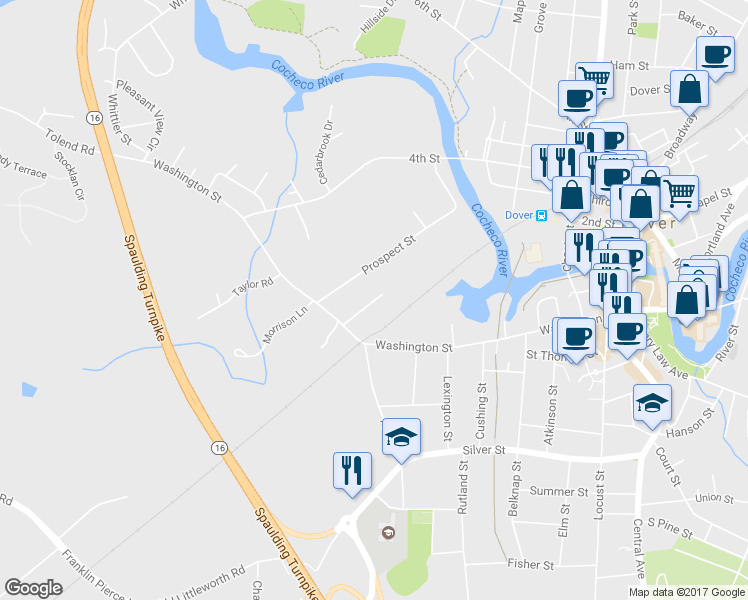 map of restaurants, bars, coffee shops, grocery stores, and more near 12 Highland Street in Dover