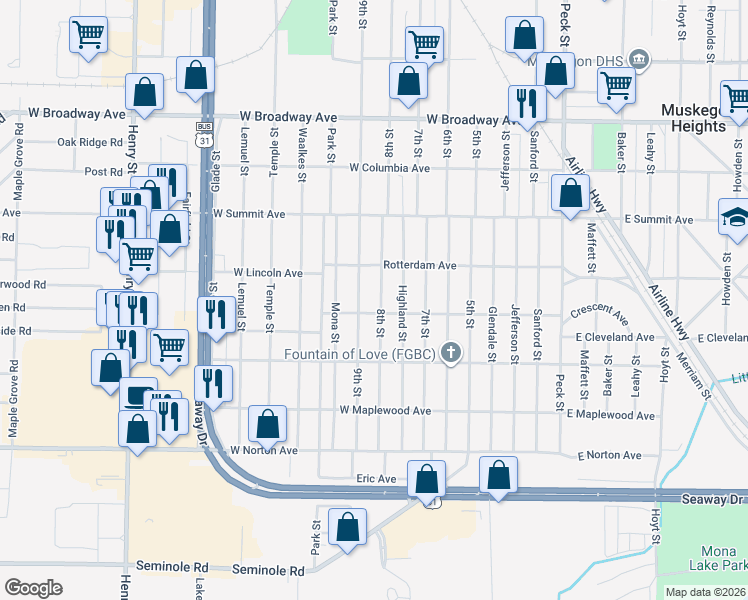 map of restaurants, bars, coffee shops, grocery stores, and more near 3129 8th Street in Muskegon Heights