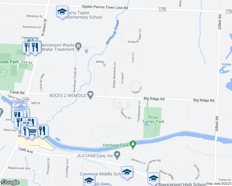 map of restaurants, bars, coffee shops, grocery stores, and more near 3574 Big Ridge Road in Spencerport