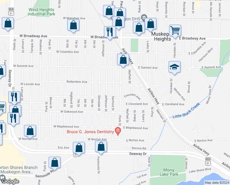 map of restaurants, bars, coffee shops, grocery stores, and more near 3128 Sanford Street in Muskegon Heights