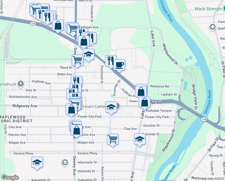 map of restaurants, bars, coffee shops, grocery stores, and more near 20 Avis St in Rochester